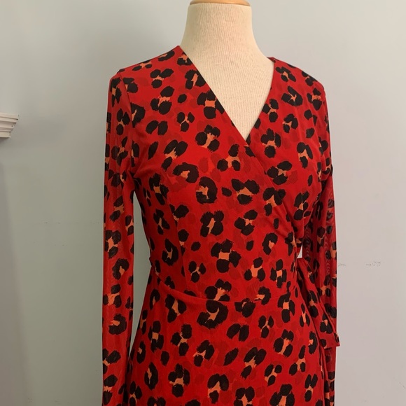 CAbi red animal print wrap dress, “Siren” Style mesh cheetah leopard print, Sz M - Picture 11 of 13